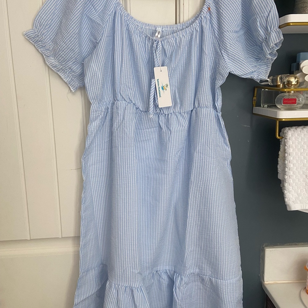 Elegant Blue Striped Women's Casual Dress
